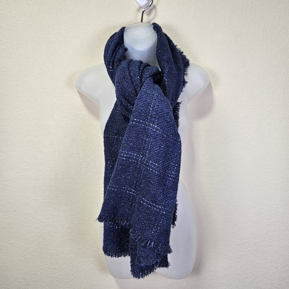 Talbots Metallic Windowpane Plaid Wrap Womens Large Scarf Sapphire Blue Fringed
